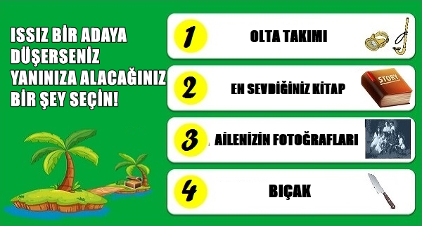 GERÇEK KİŞİLİĞİNİZİ ORTAYA ÇIKARMAK İÇİN ISSIZ BİR ADAYA DÜŞERSENİZ YANINIZA ALACAĞINIZ BİR ŞEY SEÇİN!